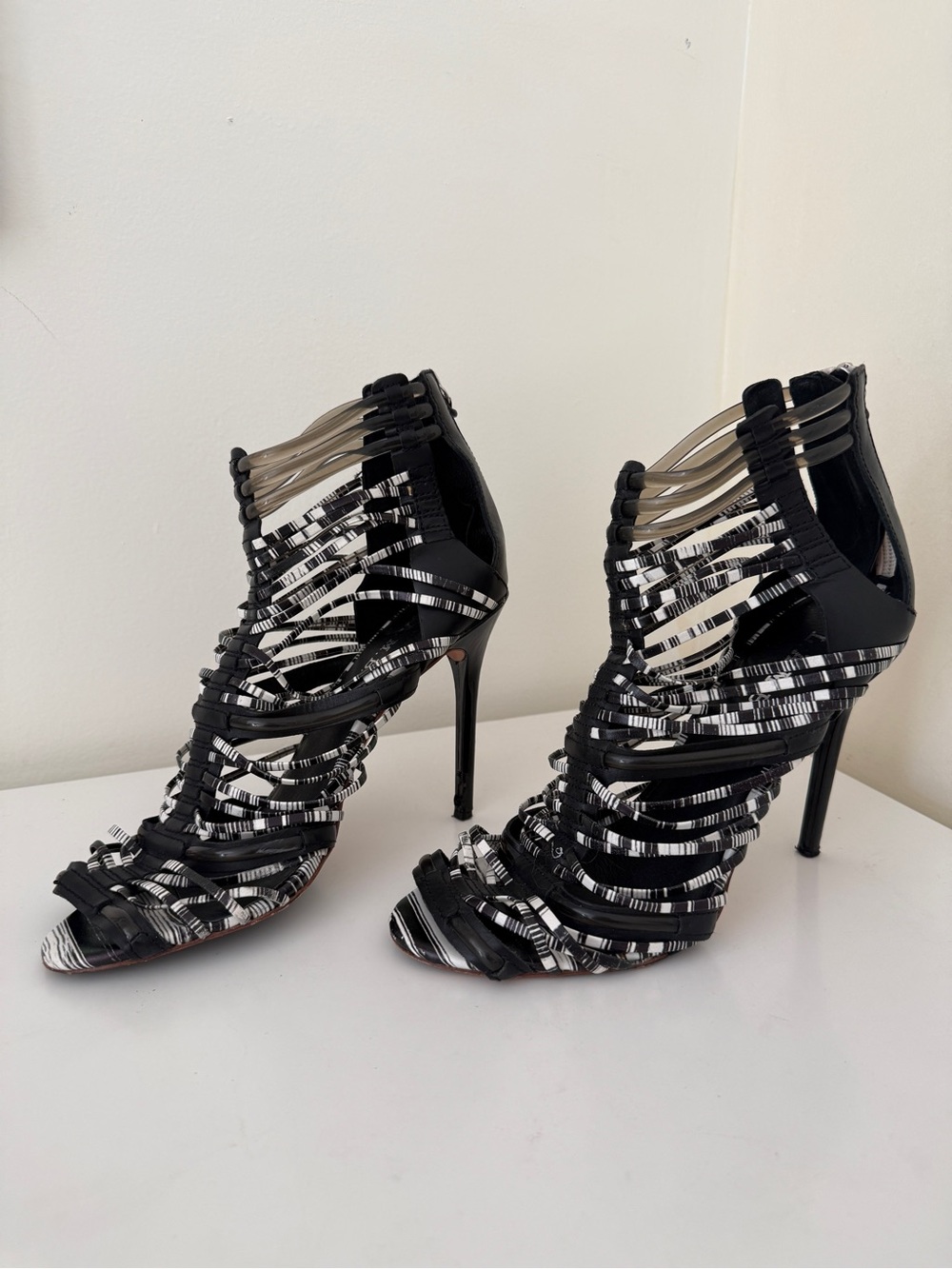 L.A.M.B. Black and White Strappy Cage Stiletto Heels, size 9.5 M